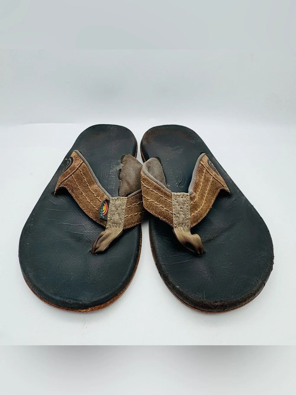 Men's Rainbow Brown Suede Strap Flip Flops - Casual Beach Sandals 9
